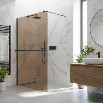 CERANO - Sprchová zástěna Walk-in Onyx Round L/P - 8 mm + polička/držák na ručníky - kulatá vzpěra - černá matná, bronzové sklo - 70x200 cm