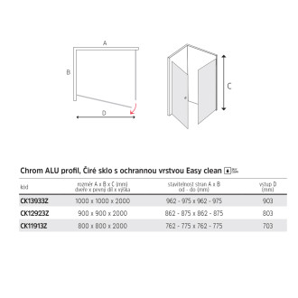 Novea pivotový kout,čtverc.., 90x90x200 cm, L/P, chrom ALU, sklo čiré 6/6 mm, EC CK12923Z