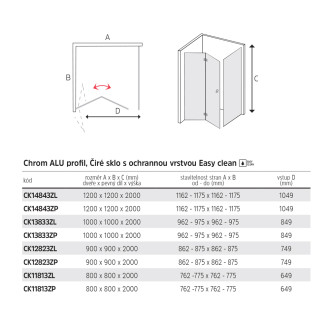 Novea zalamov.kout,čtverc., 90x90x200cm, pravý, chrom ALU, sklo čiré 6/6mm, EC CK12823ZP