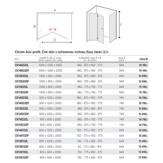 Novea zalam.kout, obdél., 80x90x200 cm, levý, chrom ALU, sklo čiré 6/6 mm, EC CK12813ZL
