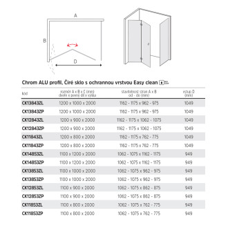 Novea zalam.kout, obdél., 110x80x200 cm, pravý, chrom ALU, sklo čiré 6/6mm, EC CK11853ZP