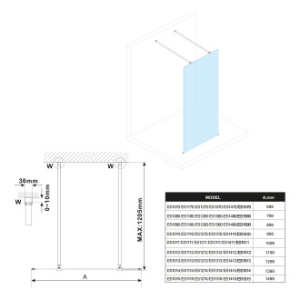 ESCA GUN METAL jednodílná sprchová zástěna do prostoru, sklo Flute, 1400 mm