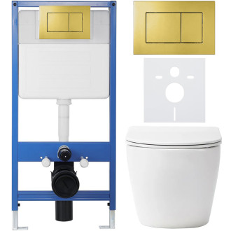 CERANO - Kompletní WC set Profi/Cesso - bílá lesklá - WC tlačítko Classic/Zlatá - předstěnová instalace - 49x36 cm