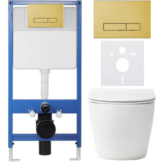 CERANO - Kompletní WC set Profi/Cesso - bílá lesklá - WC tlačítko Slim/Zlatá - předstěnová instalace - 49x36 cm