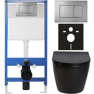 CERANO - Kompletní WC set Profi/Cesso - černá lesklá - WC tlačítko Classic/Tmavě šedá - předstěnová instalace - 49x36 cm