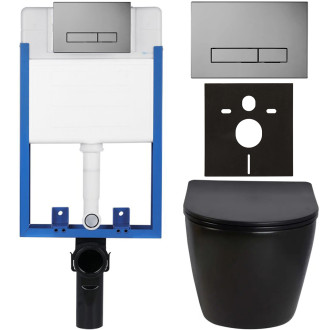 CERANO - Kompletní WC set Profi/Cesso - černá lesklá - WC tlačítko Slim/Tmavě šedá - pro zazdění - 49x36 cm