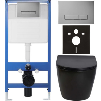 CERANO - Kompletní WC set Profi/Cesso - černá lesklá - WC tlačítko Slim/Tmavě šedá - předstěnová instalace - 49x36 cm