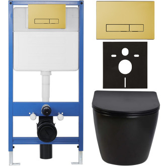 CERANO - Kompletní WC set Profi/Cesso - černá lesklá - WC tlačítko Slim/Zlatá - předstěnová instalace - 49x36 cm