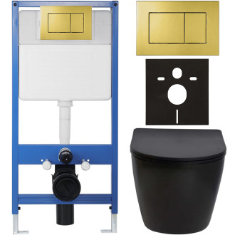 CERANO - Kompletní WC set Profi/Cesso - černá matná - WC tlačítko Classic/Zlatá - předstěnová instalace - 49x36 cm