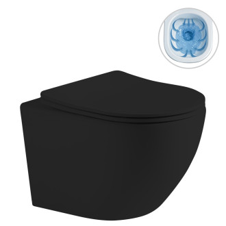 CERANO - Kompletní WC set Profi/Cesso - černá matná - WC tlačítko Slim/Tmavě šedá - předstěnová instalace - 49x36 cm