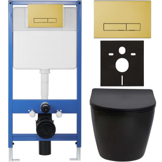 CERANO - Kompletní WC set Profi/Cesso - černá matná - WC tlačítko Slim/Zlatá - předstěnová instalace - 49x36 cm