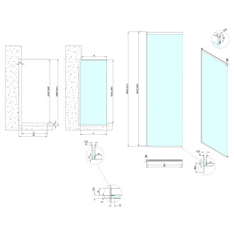 ARCHITEX sada pro uchycení skla, podlaha-stěna-strop se spádovou lištou, 1615x2600mm, levá, leštěný hliník