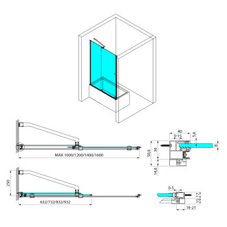 ROLLS BLACK vanová zástěna 1200x1500mm, čiré sklo