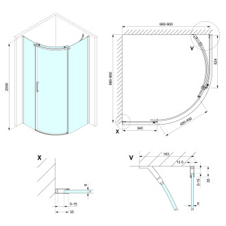 THRON SQUARE čtvrtkruhová sprchová zástěna 900x900mm, čiré sklo, pravá