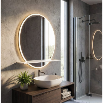 VISO kulaté zrcadlo s LED osvětlením a policí ø 70cm, bílá mat