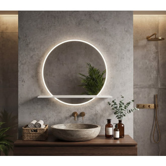 VISO kulaté zrcadlo s LED osvětlením a policí ø 60cm, bílá mat
