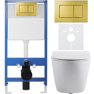 CERANO - Kompletní WC set Profi/Cesso - bílá matná - WC tlačítko Classic/Zlatá - předstěnová instalace - 49x36 cm
