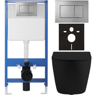 CERANO - Kompletní WC set Profi/Cesso - černá matná - WC tlačítko Classic/Tmavě šedá - předstěnová instalace - 49x36 cm