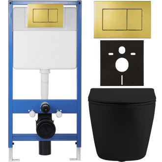 CERANO - Kompletní WC set Profi/Cesso - černá matná - WC tlačítko Classic/Zlatá - předstěnová instalace - 49x36 cm