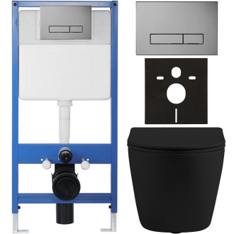 CERANO - Kompletní WC set Profi/Cesso - černá matná - WC tlačítko Slim/Tmavě šedá - předstěnová instalace - 49x36 cm