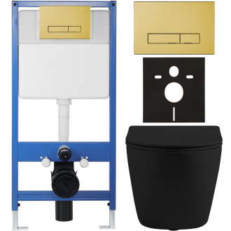 CERANO - Kompletní WC set Profi/Cesso - černá matná - WC tlačítko Slim/Zlatá - předstěnová instalace - 49x36 cm