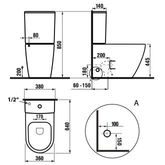 TURKU WC kombi, Vortex Rimless, spodní/zadní odpad, bílá