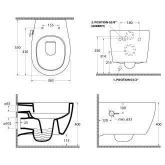 SENTIMENTI CLEANWASH závěsná WC mísa, integrovaný ventil a bidet. sprška, Rimless, 36x51cm, bílá