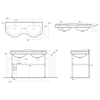 RETRO keramické dvojumyvadlo 120cm, bílá