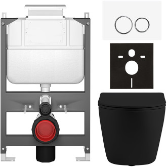 CERANO - Kompletní WC set Basic/Cesso - černá matná - WC tlačítko Dualo/Bílá - ovládání shora - předstěnová instalace - 49x36 cm