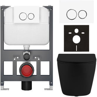 CERANO - Kompletní WC set Basic/Cesso - černá matná - WC tlačítko Dualo/Bílá - závěsné - nízký modul - předstěnová instalace - 49x36 cm
