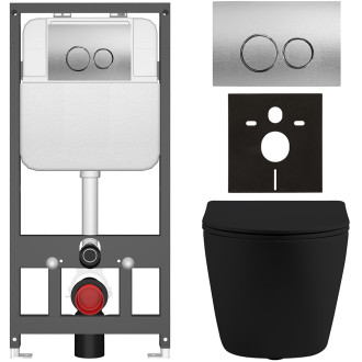 CERANO - Kompletní WC set Basic/Cesso - černá matná - WC tlačítko Dualo/Stříbrná - závěsné - předstěnová instalace - 49x36 cm