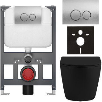 CERANO - Kompletní WC set Basic/Cesso - černá matná - WC tlačítko Dualo/Stříbrná - závěsné - nízký modul - předstěnová instalace - 49x36 cm
