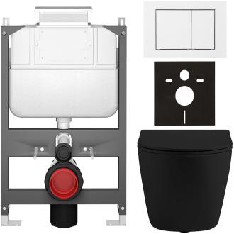CERANO - Kompletní WC set Basic/Cesso - černá matná - WC tlačítko Maxio/Bílá - ovládání shora - předstěnová instalace - 49x36 cm