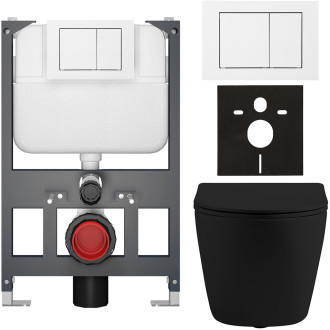 CERANO - Kompletní WC set Basic/Cesso - černá matná - WC tlačítko Maxio/Bílá - závěsné - nízký modul - předstěnová instalace - 49x36 cm
