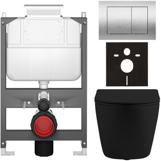 CERANO - Kompletní WC set Basic/Cesso - černá matná - WC tlačítko Maxio/Stříbrná - ovládání shora - předstěnová instalace - 49x36 cm