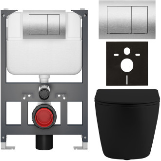 CERANO - Kompletní WC set Basic/Cesso - černá matná - WC tlačítko Maxio/Stříbrná - závěsné - nízký modul - předstěnová instalace - 49x36 cm