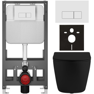 CERANO - Kompletní WC set Basic/Cesso - černá matná - WC tlačítko Modulo/Bílá - volně stojící - předstěnová instalace - 49x36 cm