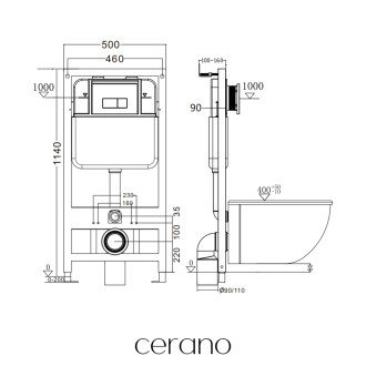 CERANO - Kompletní WC set Basic/Cesso - černá matná - WC tlačítko Modulo/Bílá - závěsné - předstěnová instalace - 49x36 cm