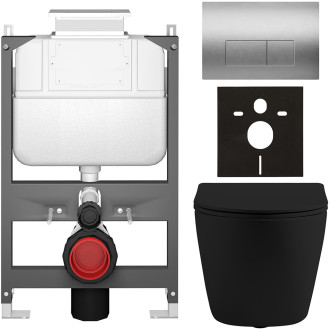 CERANO - Kompletní WC set Basic/Cesso - černá matná - WC tlačítko Modulo/Stříbrná - ovládání shora - předstěnová instalace - 49x36 cm