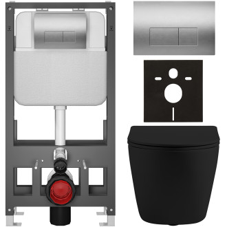 CERANO - Kompletní WC set Basic/Cesso - černá matná - WC tlačítko Modulo/Stříbrná - volně stojící - předstěnová instalace - 49x36 cm
