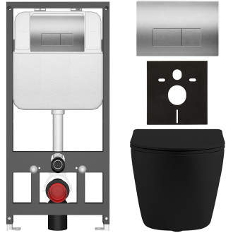 CERANO - Kompletní WC set Basic/Cesso - černá matná - WC tlačítko Modulo/Stříbrná - závěsné - předstěnová instalace - 49x36 cm