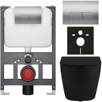 CERANO - Kompletní WC set Basic/Cesso - černá matná - WC tlačítko Modulo/Stříbrná - závěsné - nízký modul - předstěnová instalace - 49x36 cm