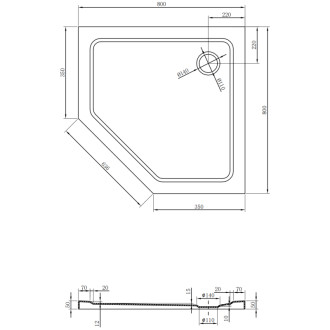 Mexen Flat brodzik pięciokątny slim 80 x 80 cm, biały, syfon chrom - 41P108080