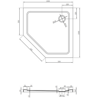 Mexen Flat brodzik pięciokątny slim 100 x 100 cm, biały, syfon chrom - 41P101010