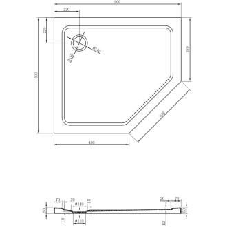 Mexen Flat brodzik pięciokątny slim lewy 90 x 80 cm, czarny, syfon chrom - 41P708090L