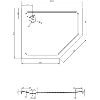 Mexen Flat brodzik pięciokątny slim lewy 100 x 80 cm, czarny, syfon chrom - 41P708010L