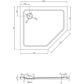 Mexen Flat brodzik pięciokątny slim lewy 100 x 90 cm, czarny, syfon chrom - 41P709010L