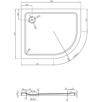 Mexen Flat brodzik półokrągły slim lewy 100 x 90 cm, czarny, syfon chrom - 41709010L