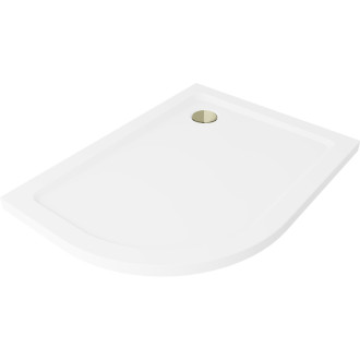 Mexen Plochá půlkruhová sprchová vanička úzká pravá 90 x 80 cm, bílá, zlatý sifon - 41108090P-G
