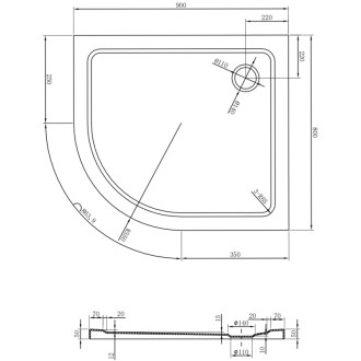 Mexen Flat brodzik półokrągły slim prawy 90 x 80 cm, biały, syfon czarny - 41108090P-B